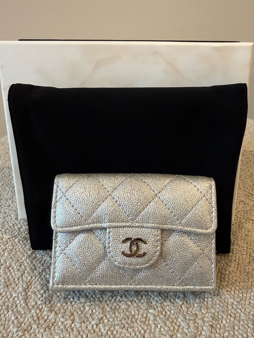 Chanel Quilted Tri-fold Wallet in Metallic Silver Silvery 2021